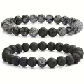Lava stone and snowflake obsidian beaded bracelets set for couples in black and grey - Snowflake + Lava