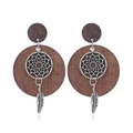 Pendientes vintage de madera geométrica con atrapasueños y colgantes de plumas - #1 Estilo Pluma Atrapasueños / Marrón Oscuro