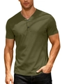 Men's olive green Henley T-shirt with V-neck button placket and breathable fabric - Army Green