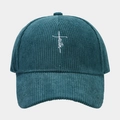 Détail de la broderie faith sur casquette de baseball en velours côtelé bleu sarcelle - Vert Paon