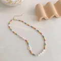 Rainbow bead necklace with white pearls, daisy pendant and gold lobster clasp closure - Colorful Daisy Pearl Necklace