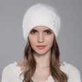 White knitted rabbit fur beanie for women with elegant pearl accents and cozy ribbed texture - White