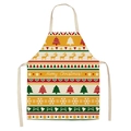 Close-up of beige linen apron featuring festive Christmas trees, reindeer, and golden motifs - A0001-5 Beige Holiday Elements