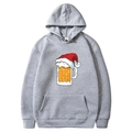 Gray hoodie featuring a Christmas beer glass with hat graphic and drawstring hood - S / Tops / Grey - Santa Hat Beer Mug Cartoon (54)