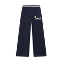 Dunkelblaue Samt-Sweathose mit weitem Bein, St. Moritz-Grafikdruck und gestreiftem Gummibund - S / Pants