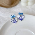 Chic heart-shaped pearl earrings with blue bows and cute cartoon bear pattern - 75# Blue Bow Bear Studs