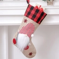 Christmas stocking with gnome design in burlap material and red plaid cuff decoration - Gnome with Stripe Pattern