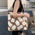 Brown canvas tote bag featuring white cartoon bear prints and artistic Bear lettering - Coco Bear - Beige