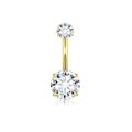 Gold stainless steel belly ring with clear cubic zirconia stones in claw setting - Double Round / Gold