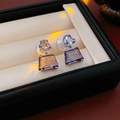Macro di orecchini a trapezio viola con gocce di zircone in una scatola per gioielli - Clip per orecchio viola
