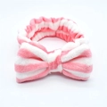 Pink and white striped coral fleece headband with a plush bow for facial washing - Watermelon Red White Striped