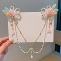 Pink floral Hanfu hair clips with pearl tassels for girls, vintage style pair - 445-3 Pink Flower Pearl Tassel