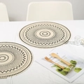 Set of two circular beige woven jute placemats with black tribal geometric patterns - 38cm / Boho