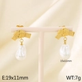 Elegant gold bow earrings with 15x11mm freshwater pearl pendants for women - Gold Bowknot Knot Shell Earrings / Gold (KE115927-GC)