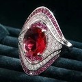 Vintage style women's ring with large oval red ruby and sparkling silver metal band - US 7 / White Gold