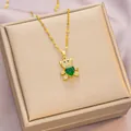 Golden teddy bear pendant necklace with sparkling diamonds and green heart gemstone - 6053 Green Heart Bear / Gold