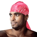 Silky red Durag featuring a classic white paisley pattern with long adjustable straps - Rose Red White Pattern
