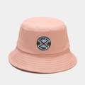 Detailed view of pink cotton bucket hat featuring a circular mountain embroidery patch - M (56-58cm) / Pink
