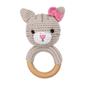 Handmade crochet baby rattle with a grey and white cat head and wooden teether ring - Calico Cat
