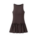 Sleeveless deep brown A-line mini dress with pleats and cute bow details on plain white background - XS / Coffee