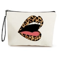 Canvas make-up tasje met luipaardprint lippen, zwarte rits en handige polsband - Luipaard Gesloten Lippen (Stijl 1)