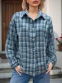 Vintage loose-fit plaid shirt for women in blue and white with long sleeves and collar - S / Blue