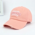 Detail of coral pink washed cotton baseball cap with embroidered text and distressed brim - Letter Embroidery Distressed Style / Pink