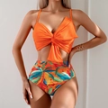 Zweiteiliger Bikini mit orangefarbenem Knotentop und High-Waist-Hose mit Tropenmuster - S / Orange