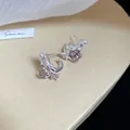 Detailed close-up of silver earrings with light purple square crystal and tiny pearl - Silver Pin Square Pearl Style / Silver-Pink
