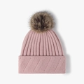 Pink cable knit beanie with fluffy brown pompom and thick ribbed cuff for winter - One Size / Pink