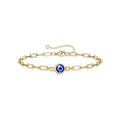 Detail of golden paperclip link bracelet with blue enamel evil eye charm and lobster clasp - Gold Paperclip Chain with CZ Extension #3 (Iron Chain)