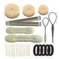 Hair styling tool set featuring sponge bun makers, pull hair needles, and clips on white base - 23-Piece Beige / Beige