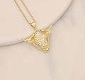 Close-up of golden bull head pendant with micro-pave cubic zirconia on thin link chain - Micro Pave Zircon High Quality Bull Head Style (26#)