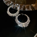 Macro shot of silver-tone layered round earrings with dense white rhinestone embellishments - 16# Silver Earring Post - Silver Circle Tassel