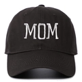 Close-up of white 'MOM' embroidery on a premium black cotton twill baseball cap - Adjustable / MOM Embroidery / Dark Gray