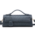 Structured navy blue ostrich texture handbag with gold hardware and white contrast stitching - Blue (Ostrich Pattern)
