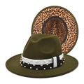 Detail of dark olive fedora with pearl rhinestone ribbon and leopard print underbrim - M (56-58cm) / Army Green
