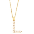 Close-up of golden letter L pendant necklace featuring inlaid round faux pearls design - Letter L
