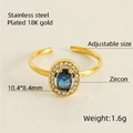 18K gold plated stainless steel open ring with oval blue zircon and pavé crystals - Adjustable Open / Blue Zirconia