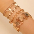 Vierteiliges goldenes Armband-Set mit Herzanhängern und strukturierten Armreifen - Gold Vierblättriges Kleeblatt Wellen Set (A-576)