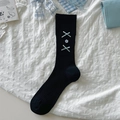 Black ballet-style ribbed mid-calf socks featuring light blue bows and white buttons - One Size / Button Black