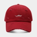 Detailed embroidery of white Asher text on distressed vintage dark red cotton baseball cap - Burgundy