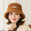 Caramel teddy fleece bucket hat with bear ears for women in thick winter plush - Caramel Lamb Wool Bucket Hat