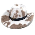 Cappello da cowboy in finta pelliccia con stampa mucca e decoro teschio di toro - M（56-58cm） / Parte Superiore Piatta Stampa Mucca Cachi
