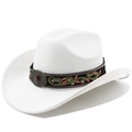 Close-up of white western hat with ethnic floral embroidery and vintage stone buckle - M (56-58cm) / Pure White