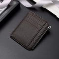 Dark brown pebble leather card holder with three card slots and a silver zipper pocket - Dark Coffee