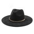 Retro black suede Panama jazz hat with brown decorative band and wide brim for unisex - M (56-59cm) / Black Suede