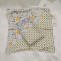 Square silk scarf with light blue floral and ivory geometric star patterns - Half Yellow Flower Small Square Scarf / 65