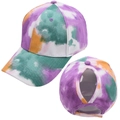 Detail of colorful tie-dye ponytail baseball cap featuring high messy bun opening - Adjustable / Purple Green Tie Dye