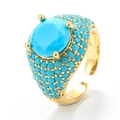 Hip-hop gold plated ring featuring a large faceted turquoise stone and micro-paved gems - Adjustable Open / Gold-Sky Blue Zirconia